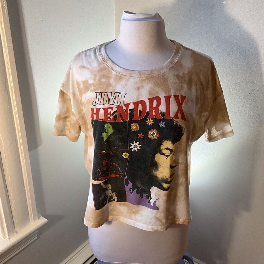 Jimi Hendrix Tiedye Cropped Graphic Tshirt, Tan, Large